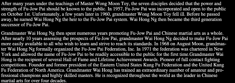 Grandmaster Wai Hong Ng promoted the Fu-Jow Pai system and organized the Fu-Jow Pai federation